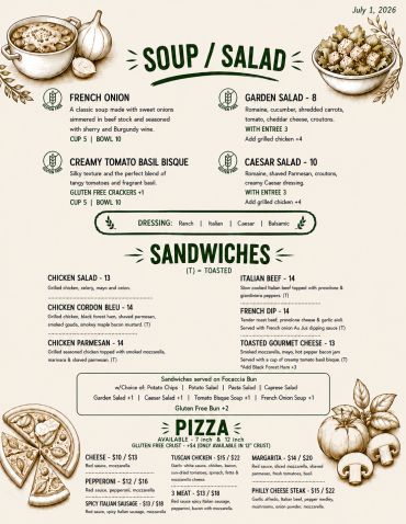 Menu with soups, salads, sandwiches, and pizza options.