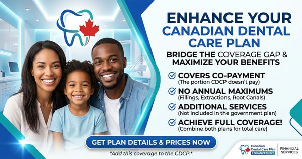 Happy family promoting enhanced Canadian dental care plan benefits.