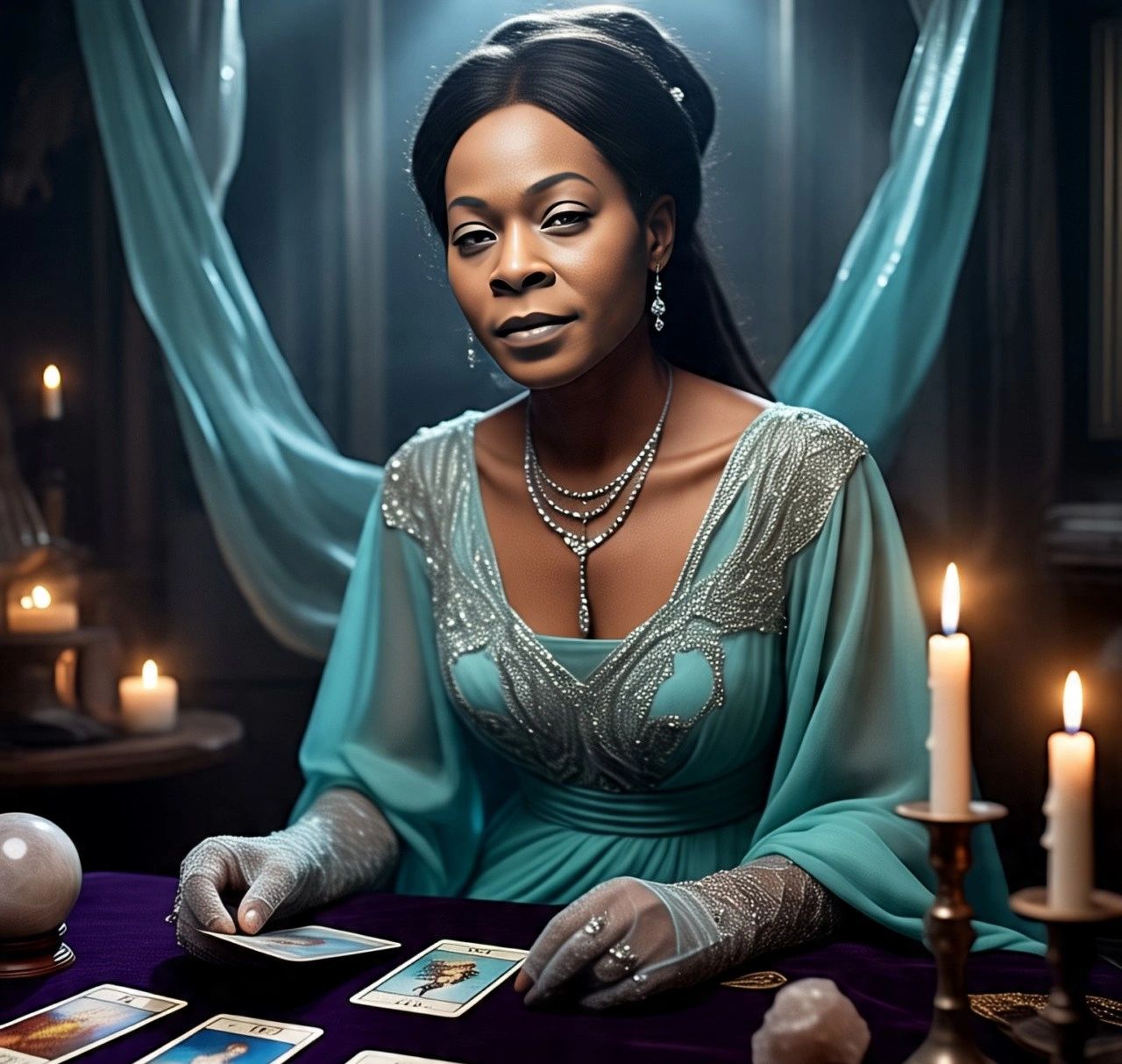 A woman in elegant teal attire reads tarot cards by candlelight.