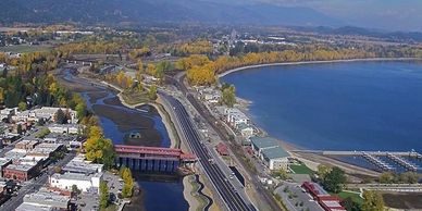 Aerial image of Sandpoint's downtown business district, Sand Creek and Lake Pend Oreille.