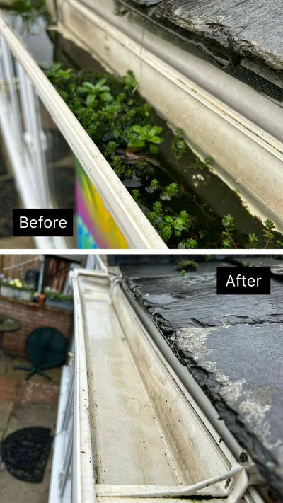 before and after of a gutter clean