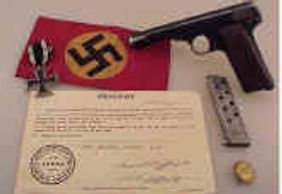 Collage of German WWII FN Pistol with Capture Paper and War Souvenirs