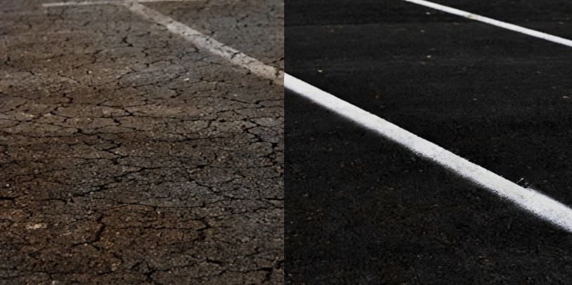 Side-by-side comparison of cracked old asphalt and fresh blacktop with white lines.