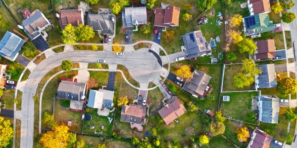 Aerial view of a suburban neighborhood cul-de-sac.
