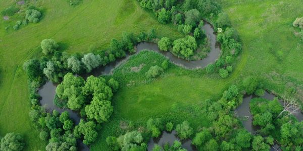 A winding river flowing through green fields.