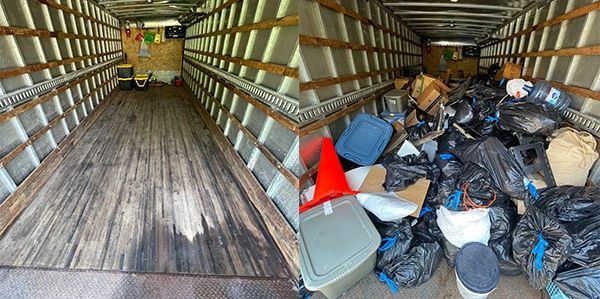 Side-by-side truck interior before and after filling with trash and items.