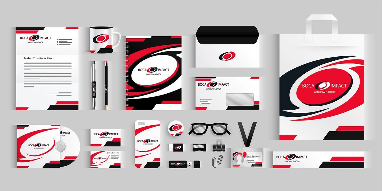 Corporate branding set for Boca Impact Window & Door with red, black, and white design.