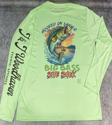 Fishing shirt with a big bass fish graphic and text about fishing.