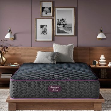 Modern bedroom with a Beautyrest mattress on a wooden frame and artistic wall decor.