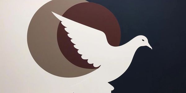 Minimalist white dove illustration with overlapping brown circles on dark background.