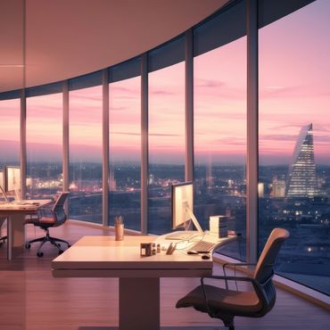 Modern office overlooking a city skyline at sunset, representing leadership and career growth.