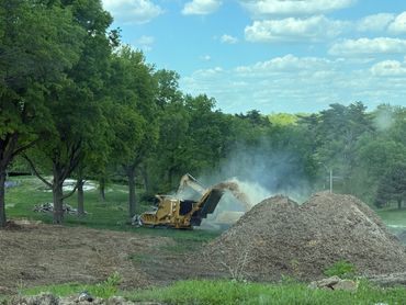 Wood chipping machine processing tree branches in a green park.