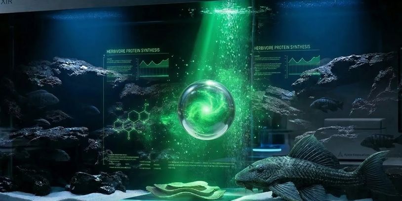 Futuristic aquarium with glowing green orb and fish under blue and green lights.
