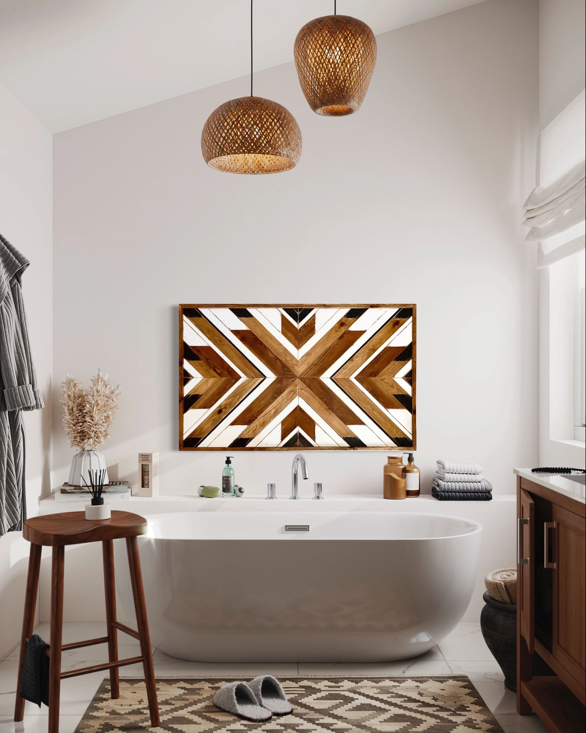 Geometric wood wall art in a modern bathroom. Wood tones, black accents with a white background.