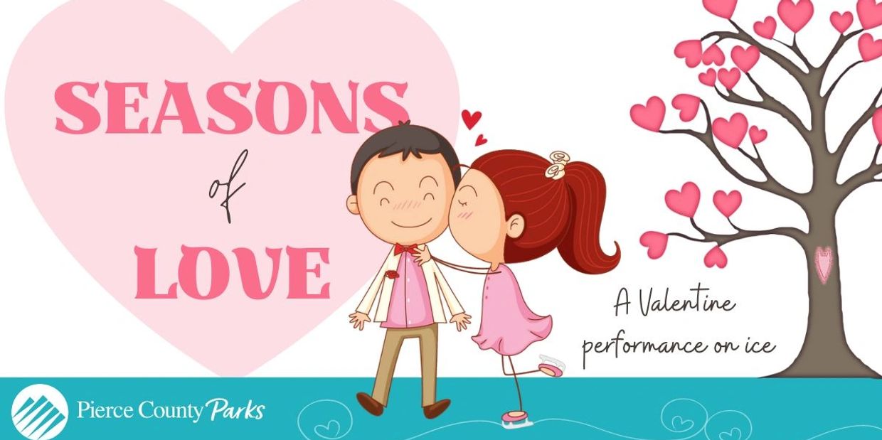 Cartoon couple ice skating with hearts and 'Seasons of Love' text for Valentine event.