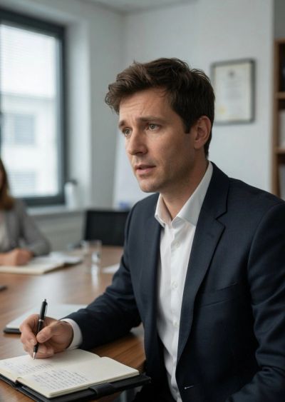 Man in business attire taking notes in a meeting.