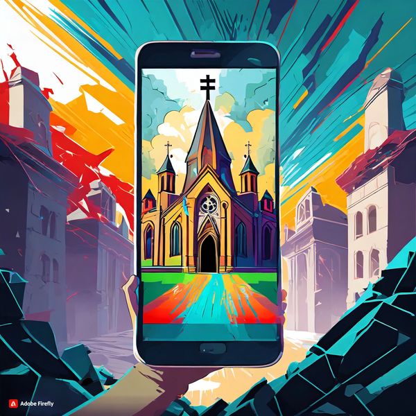 Image of a hand holding a cellphone with an image of a church, with physical church buildings behind