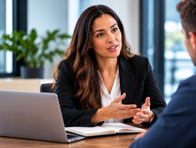 Professional woman discussing business at a desk.