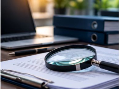 Magnifying glass on document with pen and laptop.