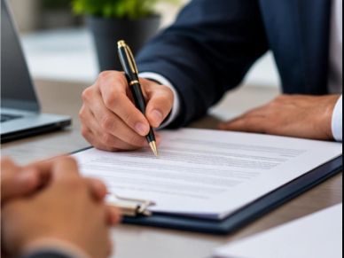 Person signing a document with a pen.
