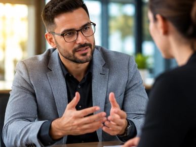Man in glasses talking to a woman indoors.