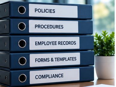 Stack of office binders labeled with organizational categories.