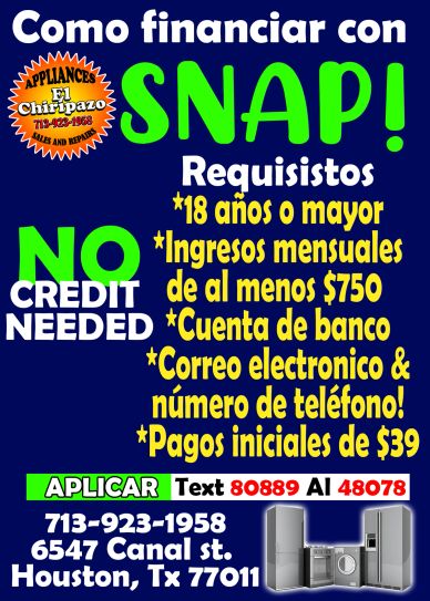 Advertisement for financing appliances with SNAP benefits, no credit needed.