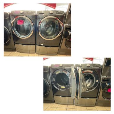 Front-load washer and dryer set shown closed and open.