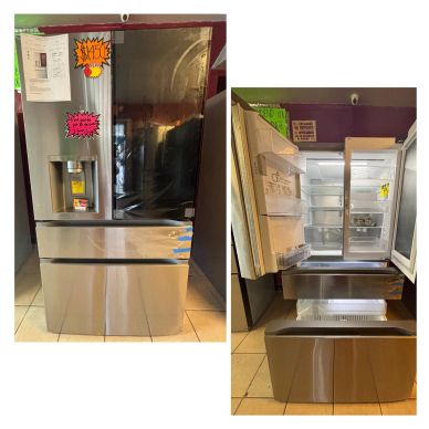 Stainless steel French door refrigerator with freezer drawers.