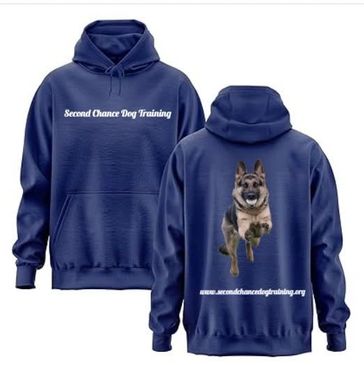 Navy blue hoodies with 'Second Chance Dog Training' and running dog graphic.