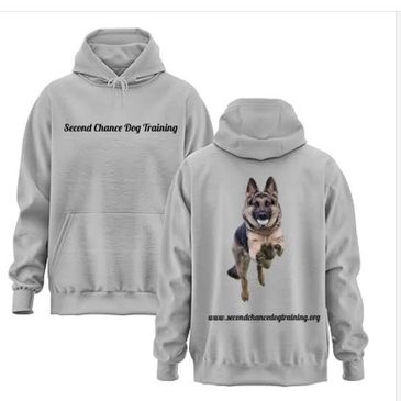 Gray hoodies with dog training logo and a running German Shepherd image.