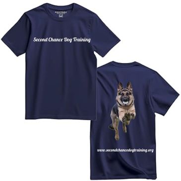 Navy blue T-shirt with "Second Chance Dog Training" text and German Shepherd image.