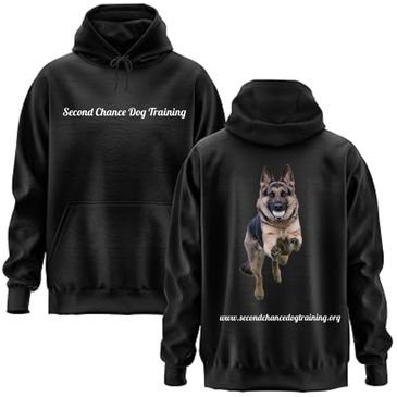 Black hoodie with "Second Chance Dog Training" text and a jumping German Shepherd image.