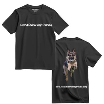 Black T-shirt with "Second Chance Dog Training" text and a German Shepherd image.