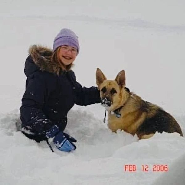 A person in winter clothes plays in snow with a German Shepherd dog.