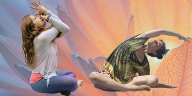 Two women performing expressive yoga poses against a colorful floral background.
