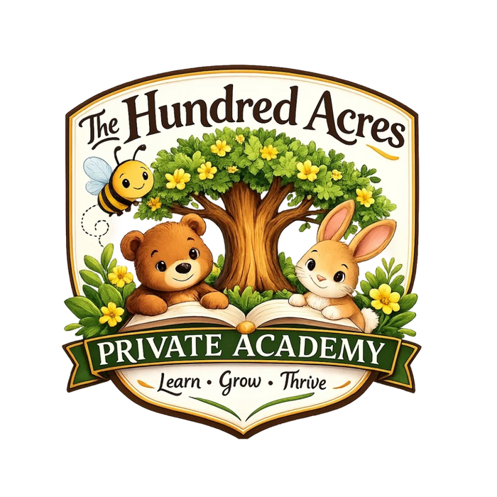 Logo for The Hundred Acres Private Academy with cute bear, bunny, tree, and bee.