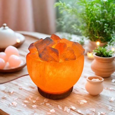 Himalayan Fire Bowl Salt lamps pink color with Salt chunks glowing colors, naturally beautiful.