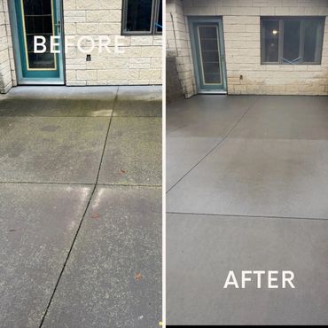 Concrete driveway before and after cleaning, showing a marked improvement.