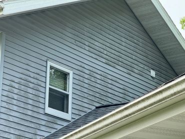 Blue house siding with black mold stains and a white-framed window.