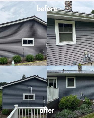 Before and after photos of a house exterior showing fresh paint and landscaping.