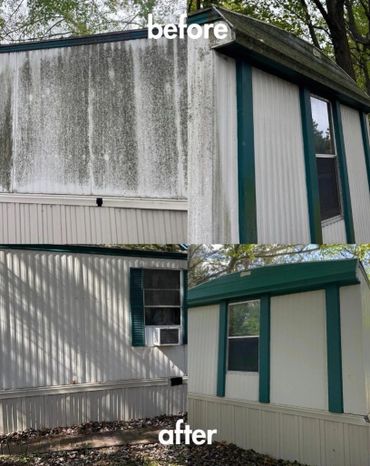 Before and after photos of a cleaned mobile home exterior showing dramatic improvement.
