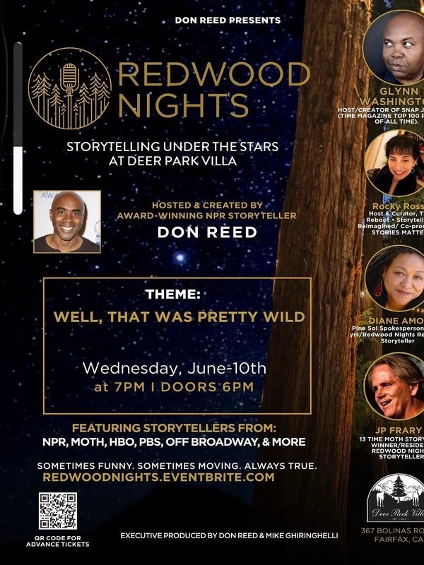 Poster for Redwood Nights storytelling event hosted by Don Reed at Deer Park Villa.