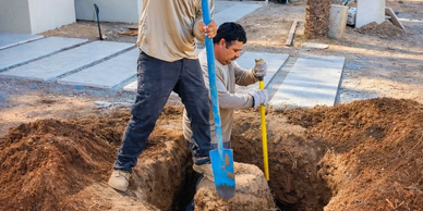 Two workers digging a hole with tools.
