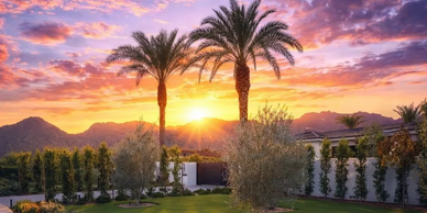 Sunset behind palm trees and mountains.