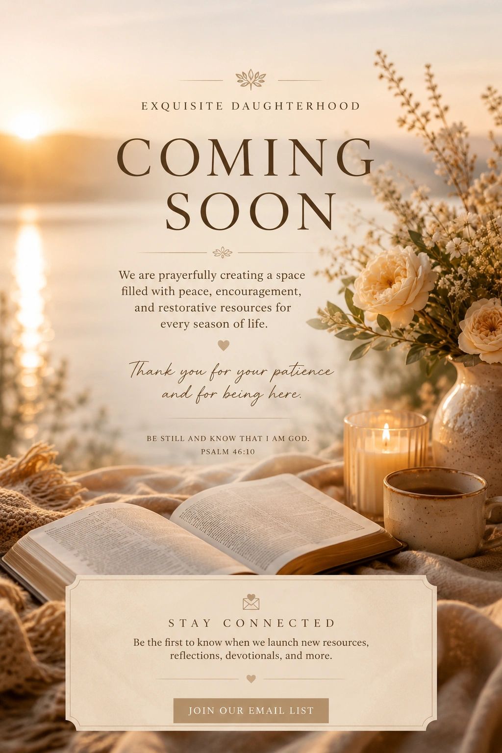A serene scene with an open Bible, candle, flowers, and a message about upcoming resources and encouragement.
