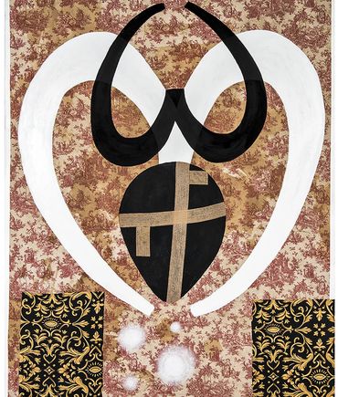 black and white curved markings on background areas of fabric with various textures and patterns