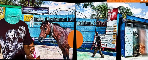 rectangular collage of images horse, man walking, child, blue building