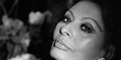 black and white photo by Lois Siegel of actress face Sophia Loren wearing earring