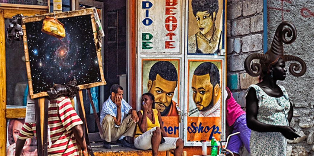 surreal digital collage of people on street in Haiti with large wall posters and cockatoo bird